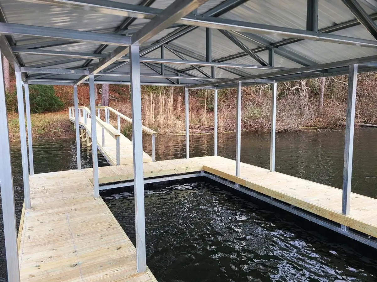 Newly constructed floating wood boat dock for a waterfront property